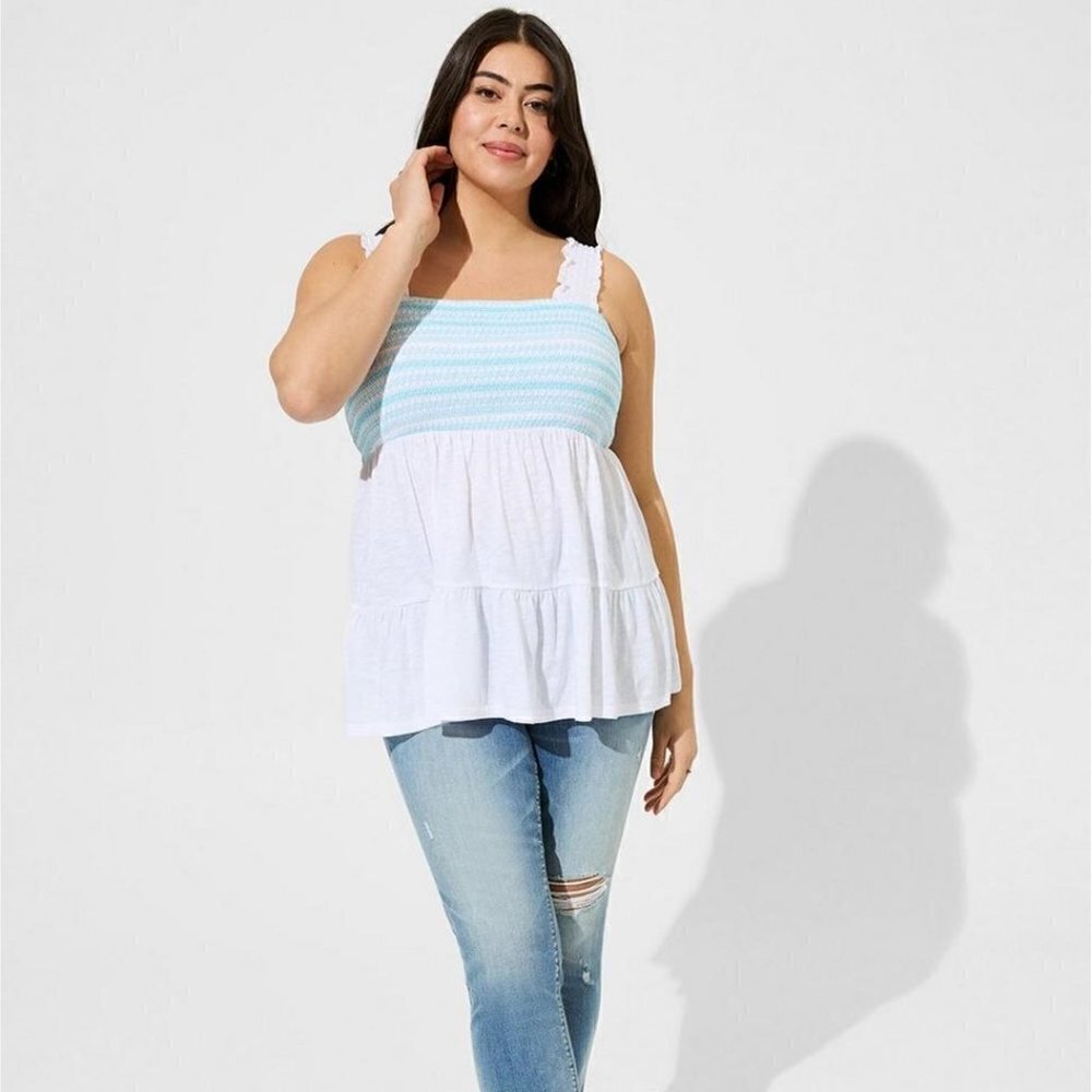 Torrid - Cotton Modal Slub Square Neck Smocked Babydoll Tank in Bright White